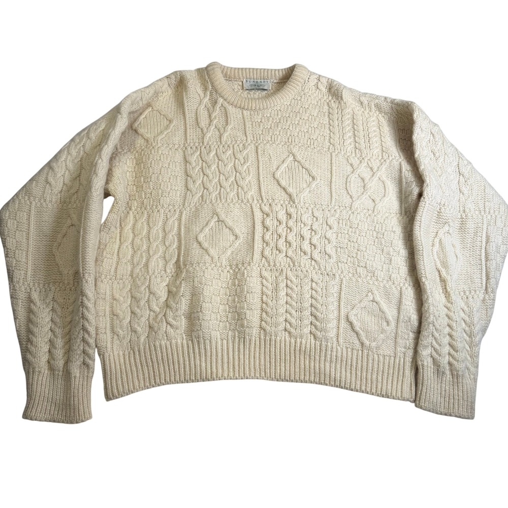 Blarney Woollen Mills Sweater Mens XL Cream Good 1980 Aran Wool Patchwork
